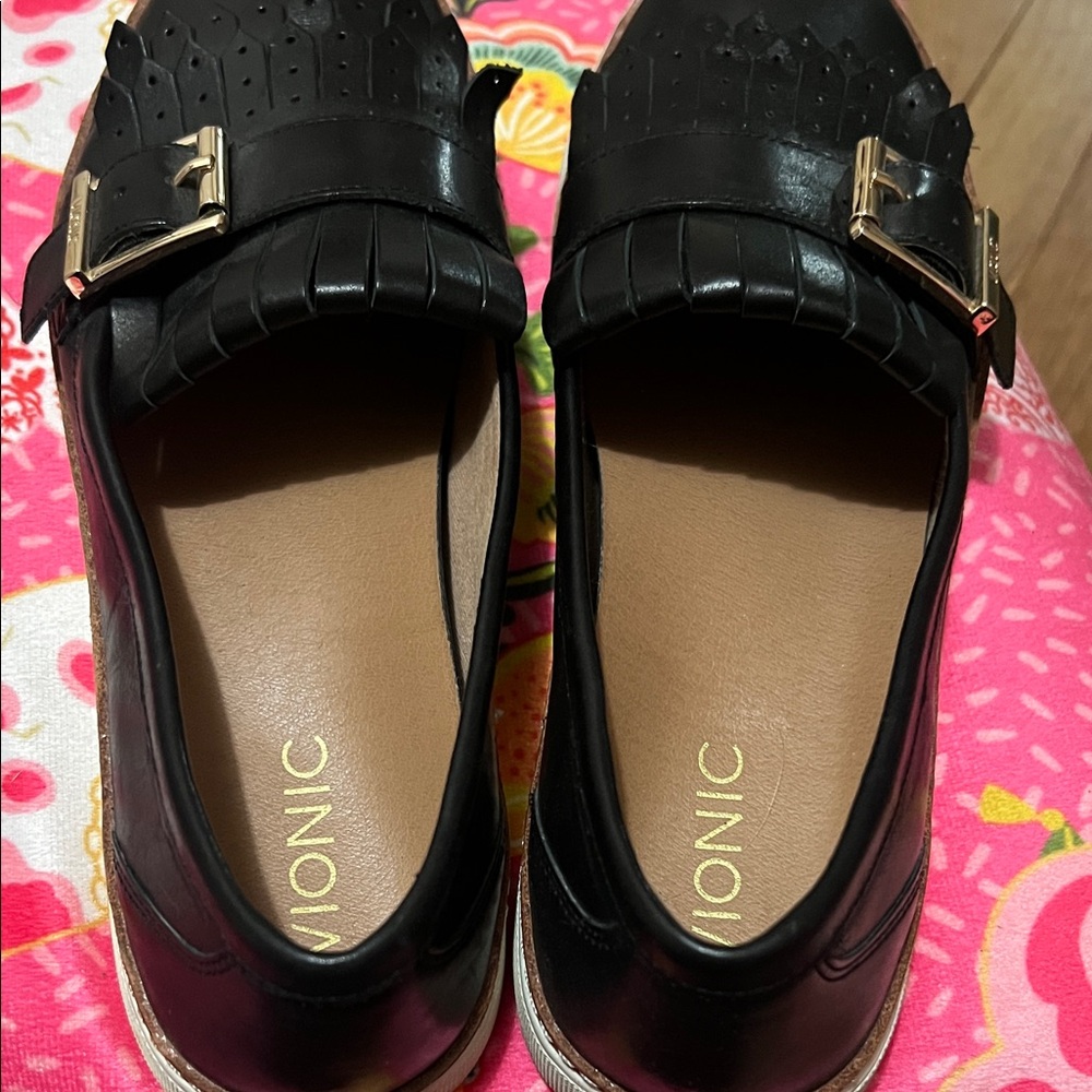 Vionic Black Leather Loafers with Gold Accent - Picture 14 of 15